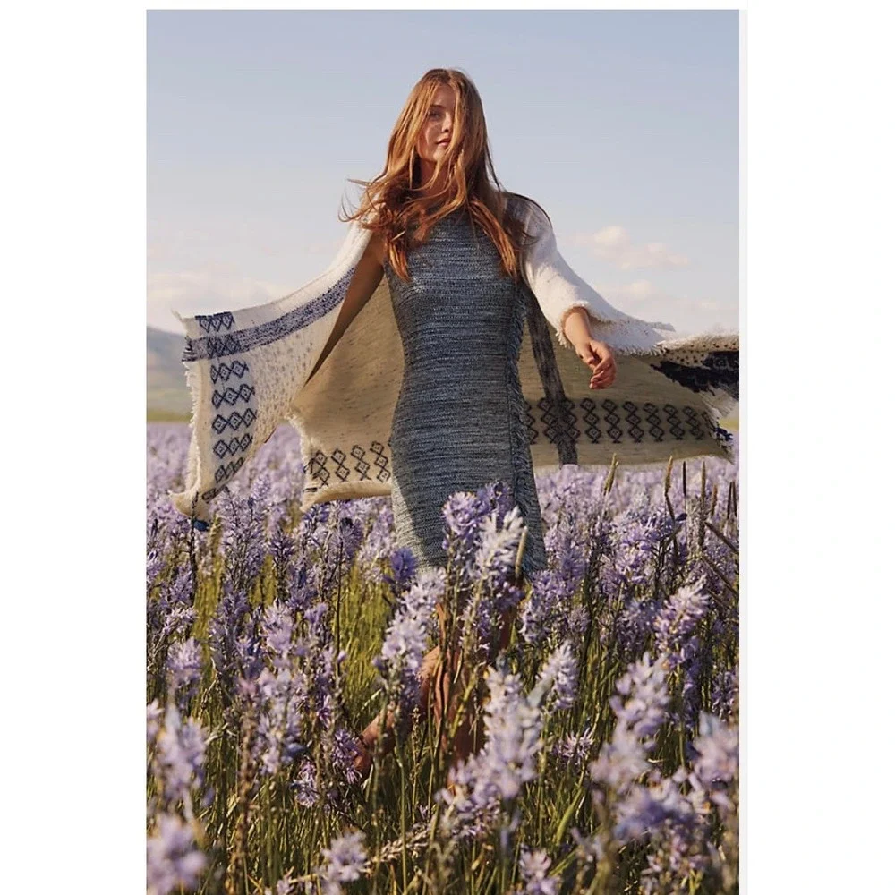 Anthropologie Shift Dress Size XS Stone Blue Holding Horses Fringe Edges PERFECT
